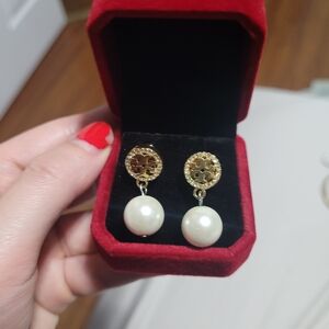 Tory Burch Gold-Tone Filigree and White Pearl Drop Earrings